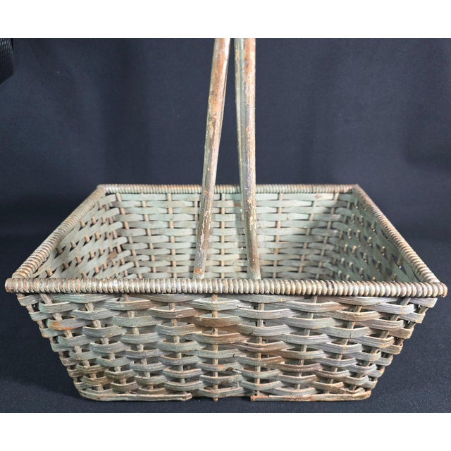Farmhouse Antique American Primitive Painted Splint Gathering Basket With Solid Wood Bottom and Verdigris Patina For Sale - Image 3 of 11