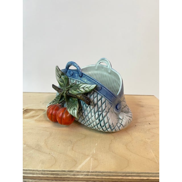 Vintage majolica purse form with a lattice design. Slip cast ceramic, with lovely colors and hand painted details....