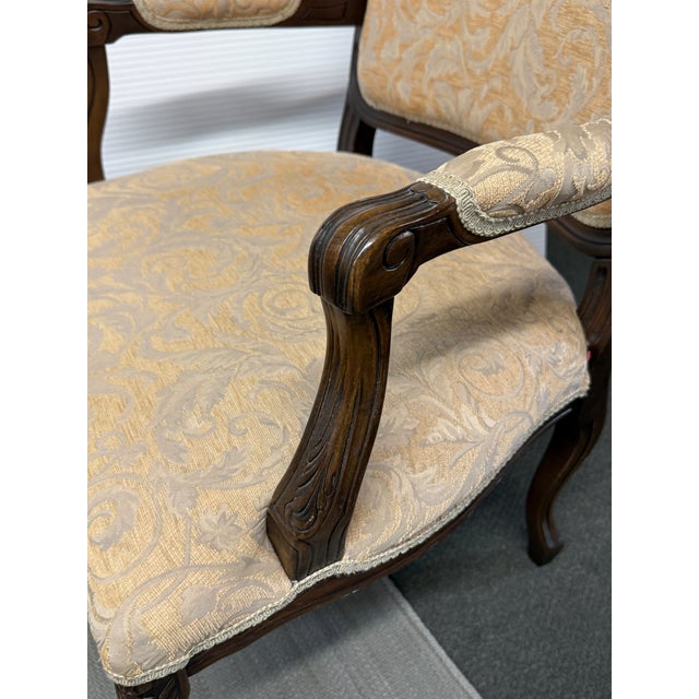Tan Traditional Ornate Carved Wood Armchair, Vintage For Sale - Image 8 of 12