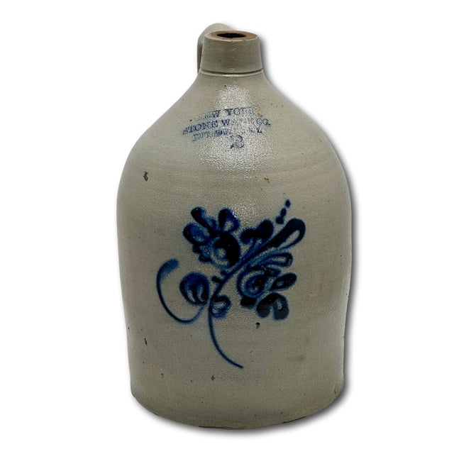 Blue Excellent Antique American Blue Flower Decorated 2 Gallon Jug by New York Stoneware Company Fort Edwards - Circa Mid 1800s For Sale - Image 8 of 18