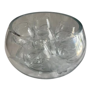 Mid Century Modern Wheat Design Etched Blown Glass Punch Bowl Set With Handless Cups- 13 Pieces