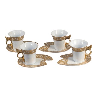 Late 20th Century Elegant Set of Four Demitasse Greek Key Cups & Saucers Japanese Imperial Porcelain Gilded - 8 pcs For Sale