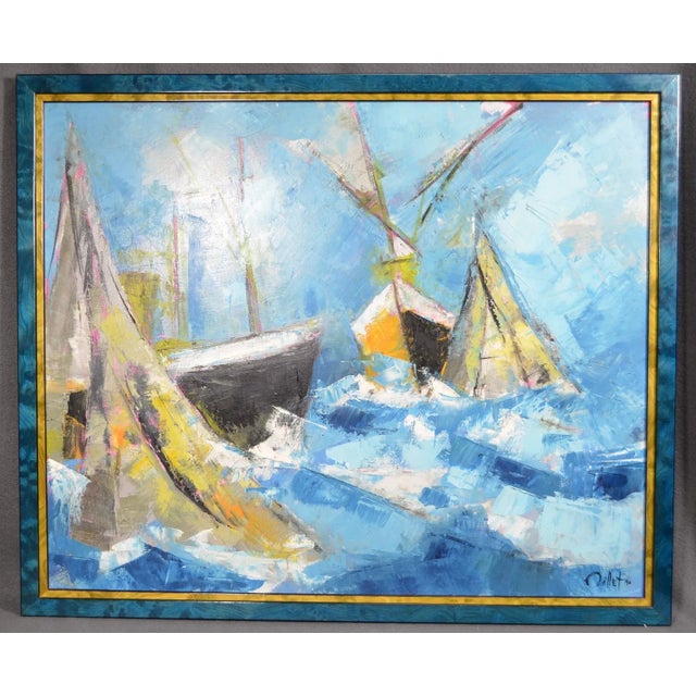 J.J. Millet (20th century) "Ships in Rough Seas" Signed and dated oil on canvas, 1990 (lower right). Dimensions: 19.7 x 24...