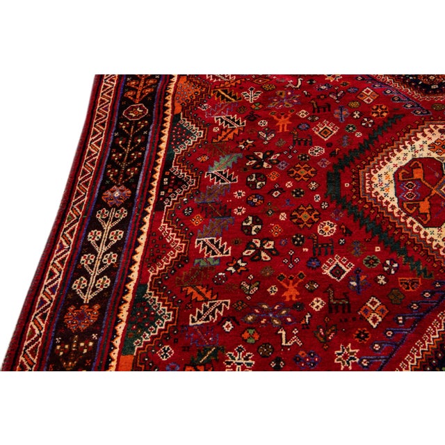 Vintage Handmade Shiraz Red Multi Medallion Wool Rug 6'0" X 9'6" For Sale - Image 9 of 10