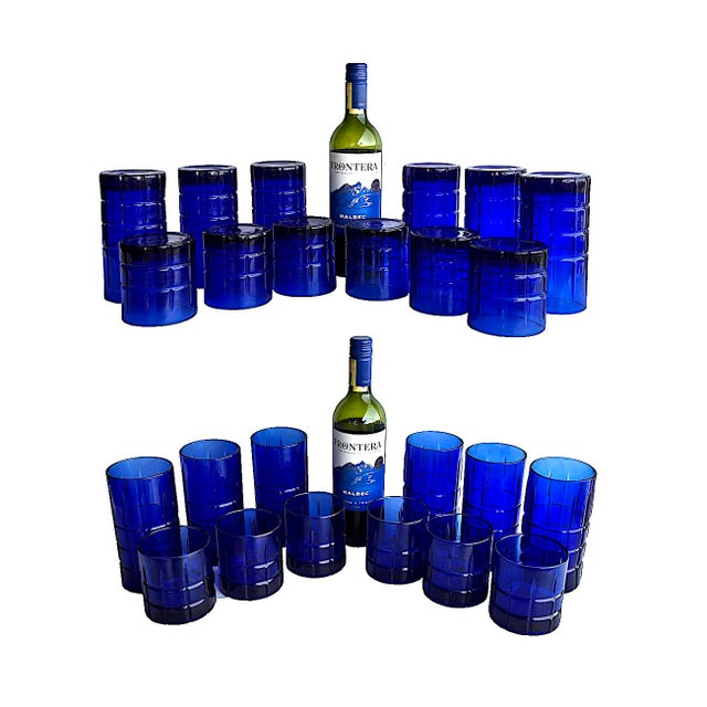 1970s Vintage Anchor Hocking Tartan Cobalt Tumblers in 2 Sizes, Set of 12 For Sale - Image 5 of 9