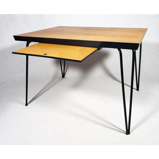Vintage Original Mid-Century Modern Maple Wood Table W Hairpin Metal Legs & Wood Pull-Out For Sale - Image 10 of 14