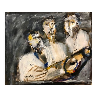 Andre Elbaz, Three Rabbis at the Torah, Expressionist Judaica Painting For Sale