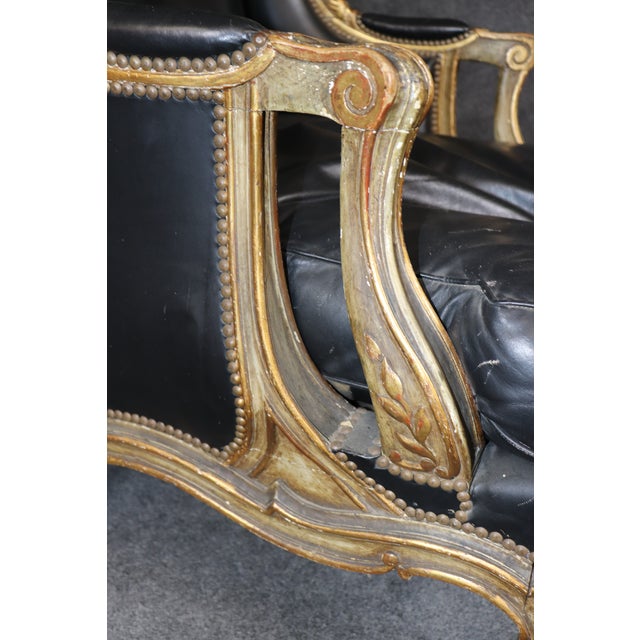 Maison Jansen Genuine Leather Gilt and Paint Decorated Grand Scale Bergere Chair For Sale - Image 14 of 15
