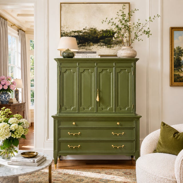 We have a beautiful Mid Century Transitional Highboy Dresser by American of Martinsville in Olive Green newly painted to...
