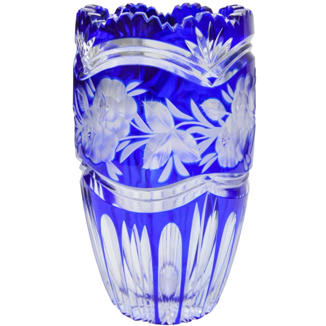Stunning and heavy midcentury handblown cobalt blue crystal vase elegantly hand-cut with fine textured pattern and ornate...