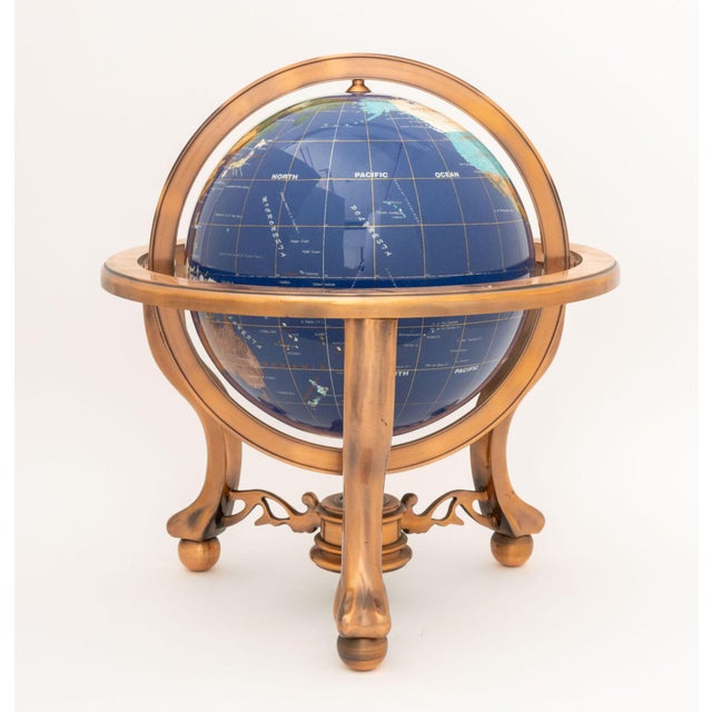 Modern Semi-Precious Stone Inlaid Revolving Globe on Copper Stand For Sale - Image 11 of 15