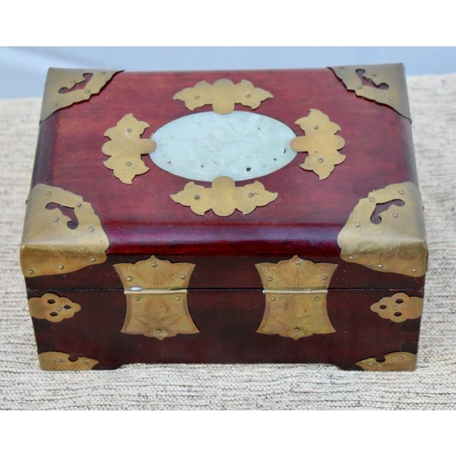Vintage Chinese Decorative Square Box W/Carved Stone & Brass Mounts For Sale - Image 4 of 10