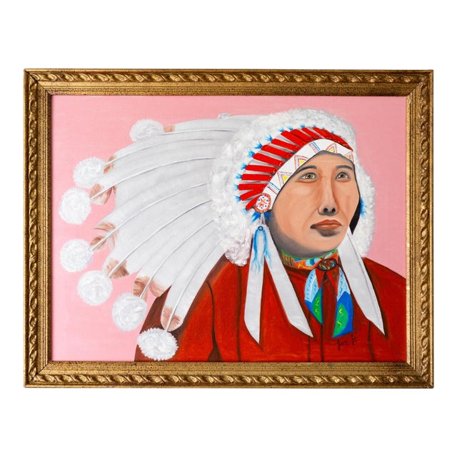 Pop Art Style Painting of Indigenous Native American in Pink and Red For Sale