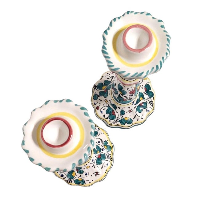 Italian Pair of Vintage Italian Candlesticks Roosters Yellow Green Bird Hand Painted d'Arna Perugia Italy For Sale - Image 3 of 8