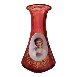 Antique Moser Bohemian Glass Applied Plaque Ruby Vase For Sale