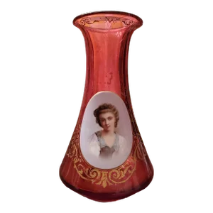Antique Moser Bohemian Glass Applied Plaque Ruby Vase