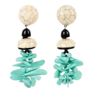 Angela Caputi Faux Marble and Turquoise Resin Clip Earrings - 2 Pieces For Sale