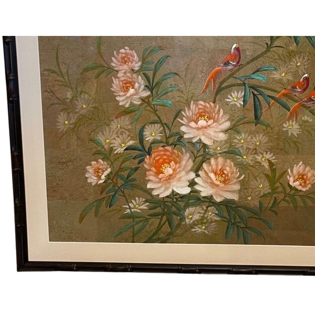 Mid 20th Century Mid 20th Century Monumental Pair of Mid-Century Chinoiserie Bird & Floral Paintings on Cork - Framed For Sale - Image 5 of 5