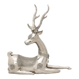Thai Recumbent Deer Nickel Plate Sculpture For Sale