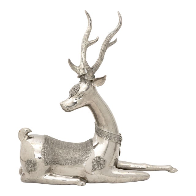 Thai Recumbent Deer Nickel Plate Sculpture For Sale