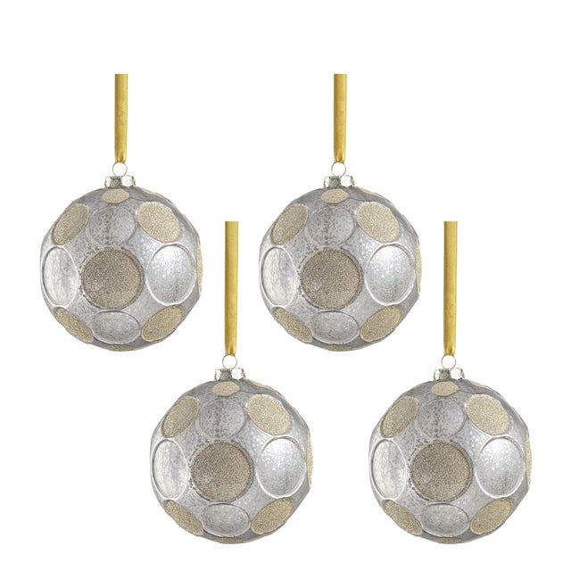 Silver Matte Frosted Serenity Glass Ball Ornaments with Gold Glitter - Set of 4, 4.75" For Sale