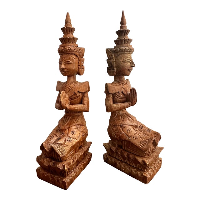 Vintage Teak Wood Thai Thepphanom Guardian Angels – Hand-Carved Buddhist Prayer Figures For Sale