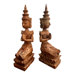 Vintage Teak Wood Thai Thepphanom Guardian Angels – Hand-Carved Buddhist Prayer Figures