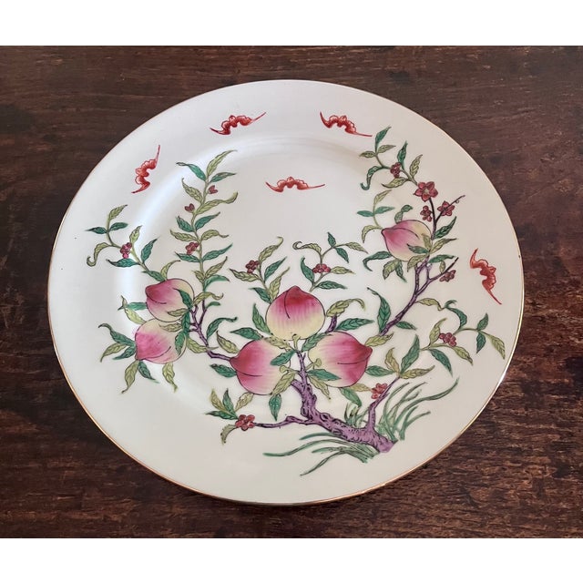Vintage Japanese Porcelain Famille Rose Peach & Bat Plates - Set of 4 (10.25") For Sale - Image 4 of 11