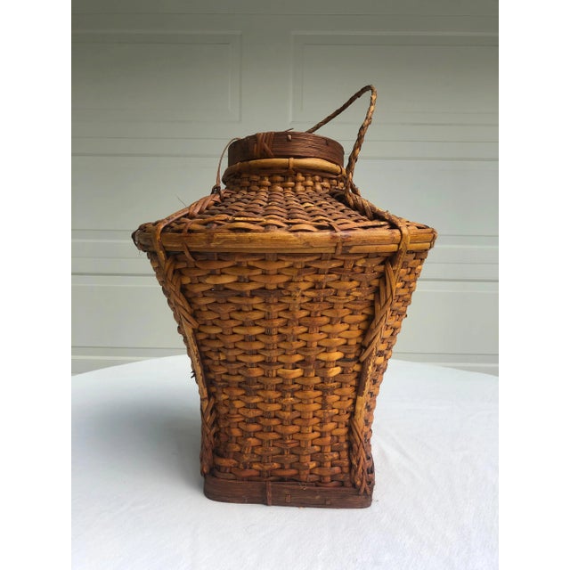 Asian Early 20th Century Urn-Shaped Rattan Basket With Attached Herringbone Pattern Lid and Cane Strap Handle For Sale - Image 3 of 6