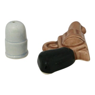 Mid 19th Century Ceramic Go-With Salt & Pepper Shakers Revolver & Bullet For Sale