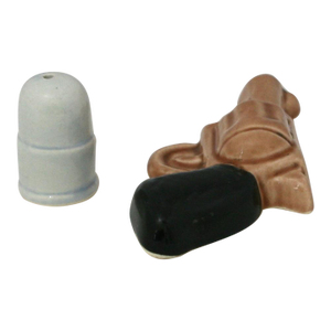 Mid 19th Century Ceramic Go-With Salt & Pepper Shakers Revolver & Bullet