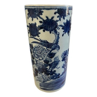 Blue & White Porcelain Cylindrical Vase – Hand-Painted Bird Peony Landscape Chinoiserie (10.5") For Sale