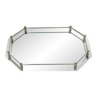 Vintage 1980’s Art Deco Style Beveled Mirror Tray With Silver Plate Gallery For Sale