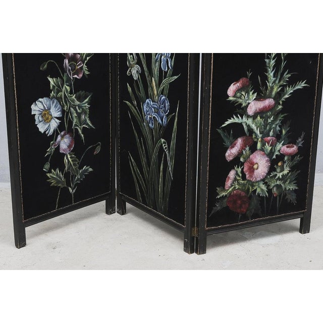 Edwardian Folding Screen with Handpainted Flowers on Velvet, 1910s For Sale - Image 3 of 10