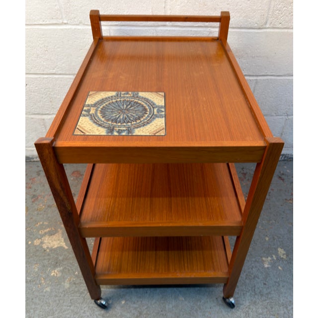 Mid Century Danish Teak Bar Cart With Tile Insert by BRDR. Furbo, Attributed For Sale - Image 10 of 13