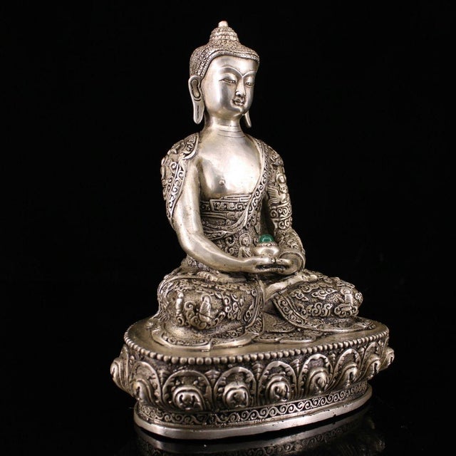 Traditional Late 19th Century Silver-Gilt Bronze Amitayus Buddha Statue, 1.6kg For Sale - Image 3 of 9