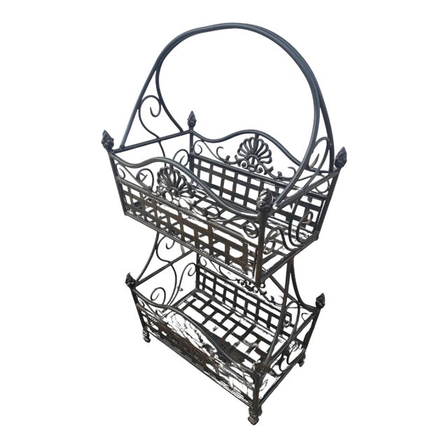 Vintage Wrought Iron Two Tier Standing Basket For Sale