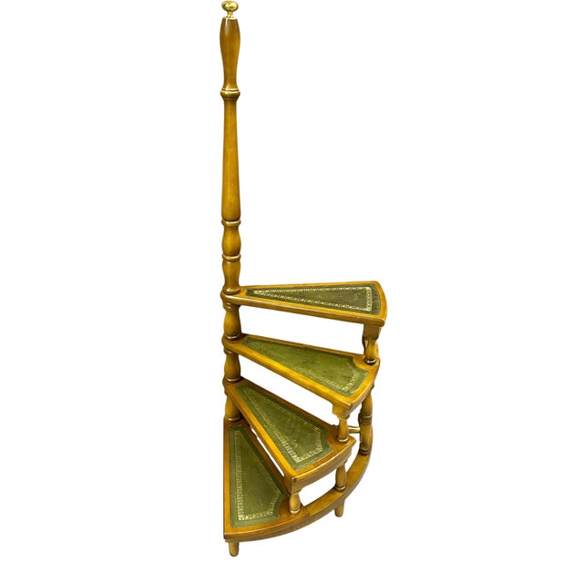 Vintage English Wood Library Spiral Step Ladder With Green Tooled Leather Tread Insets For Sale - Image 16 of 18