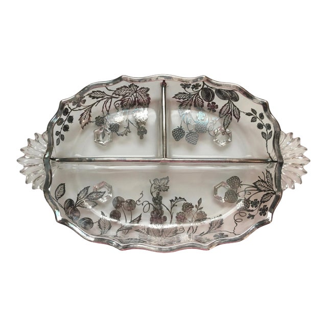 1930s Sterling Silver Grape & Strawberry Pattern Overlay Snack Dish For Sale