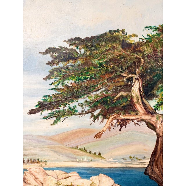 Beige Vintage Oil Painting Coastal Landscape Gnarled Tree Seascape Signed Framed For Sale - Image 8 of 9