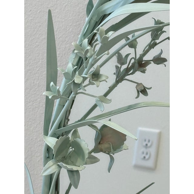 Vintage Italian Tole Floral Chinoiserie Style Oval Mirror in Soft Shade of Green For Sale - Image 9 of 18