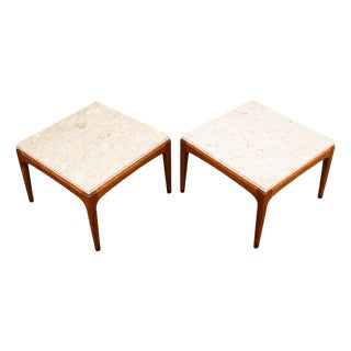 Mid Century Modern End Tables Attributed to Lane Side Nightstand Set Pair Marble Square MCM For Sale