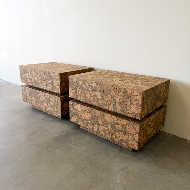Wood Pair of Mid Century Modern Cork Nightstands Vintage 1970s Bedside Tables For Sale - Image 7 of 10