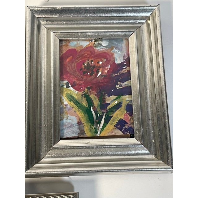1970s Abstract Floral Small Original Paintings in Silver Frames - Set of 3 For Sale - Image 4 of 5