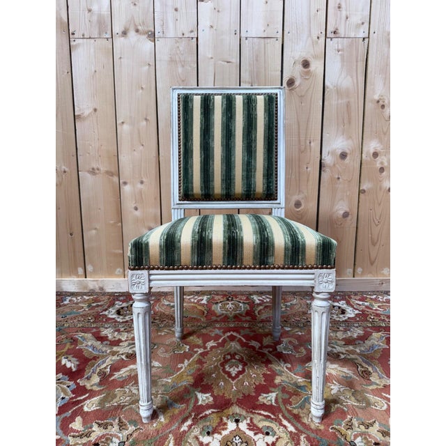 Louis XVI Style Chairs in Painted Wood and Striped Velvet, 1970s, Set of 6 For Sale - Image 4 of 10