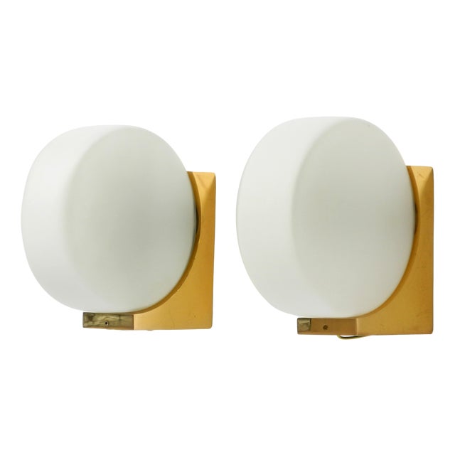 Brass Wall Lamps with Round Glass Shades from Kaiser Leuchten, 1960s, Set of 2 For Sale