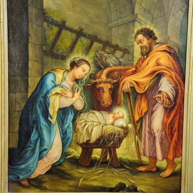 A naturalistic oil painting depicting joseph, maria and the holy child in the barn of bethlehem. Oil painting on canvas...