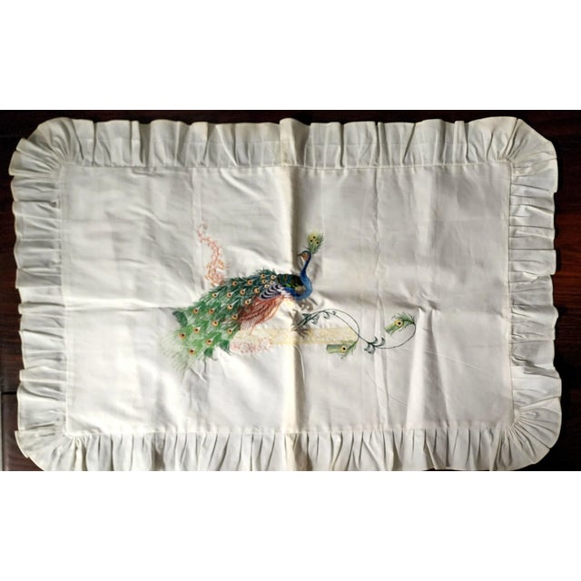 1970s Chinese HandSewn Peacock Accent Linen Lg. Pillow Covers - Pair. For Sale - Image 5 of 10
