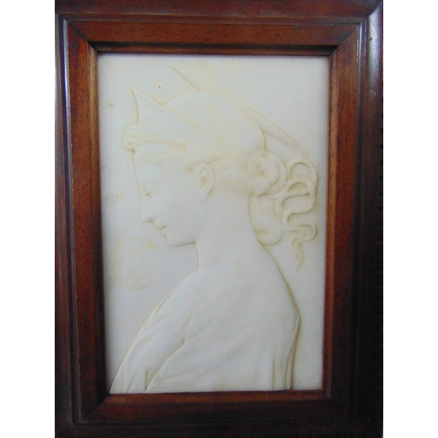 19th century Carved marble plaque of St Cecelia, signed and dated on back ( not all legible ), 1880. solid mahogany frame...