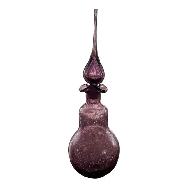 1960s Viking Glass Purple Crackle Genie Bottle/Decanter With Large Flame Stopper Circa 1954-1973 For Sale
